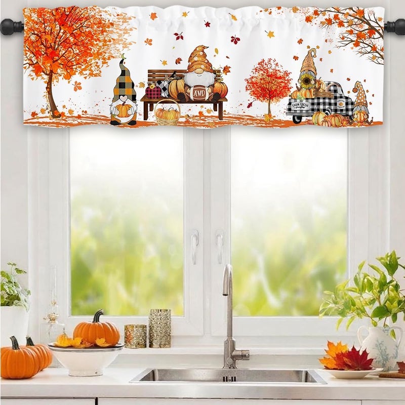Finphoon Fall Kitchen Valances for Windows, Gnome Pumpkin Leaves Window Valances 54x18, Autumn Thanksgiving Farmhouse Rod Pocket Valance Curtains for Living Room Bedroom - Image 1